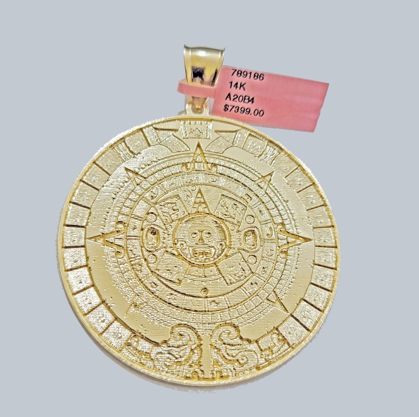 SOLID Real 14kt Yellow Gold Pendant Aztec Mayan Calendar 2.5" Men's Round Charm - Reva Jeweler