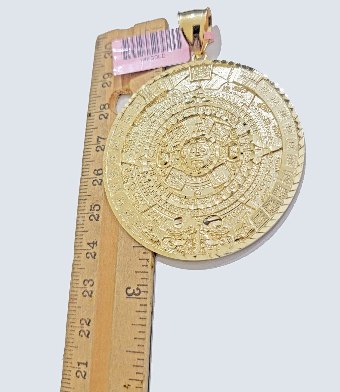 SOLID Real 14kt Yellow Gold Pendant Aztec Mayan Calendar 2.5" Men's Round Charm - Reva Jeweler