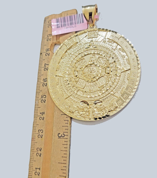 SOLID Real 14kt Yellow Gold Pendant Aztec Mayan Calendar 2.5" Men's Round Charm - Reva Jeweler
