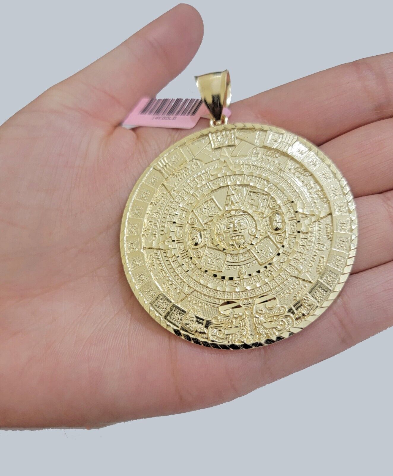 SOLID Real 14kt Yellow Gold Pendant Aztec Mayan Calendar 3.2" Men's Round Charm - Reva Jeweler