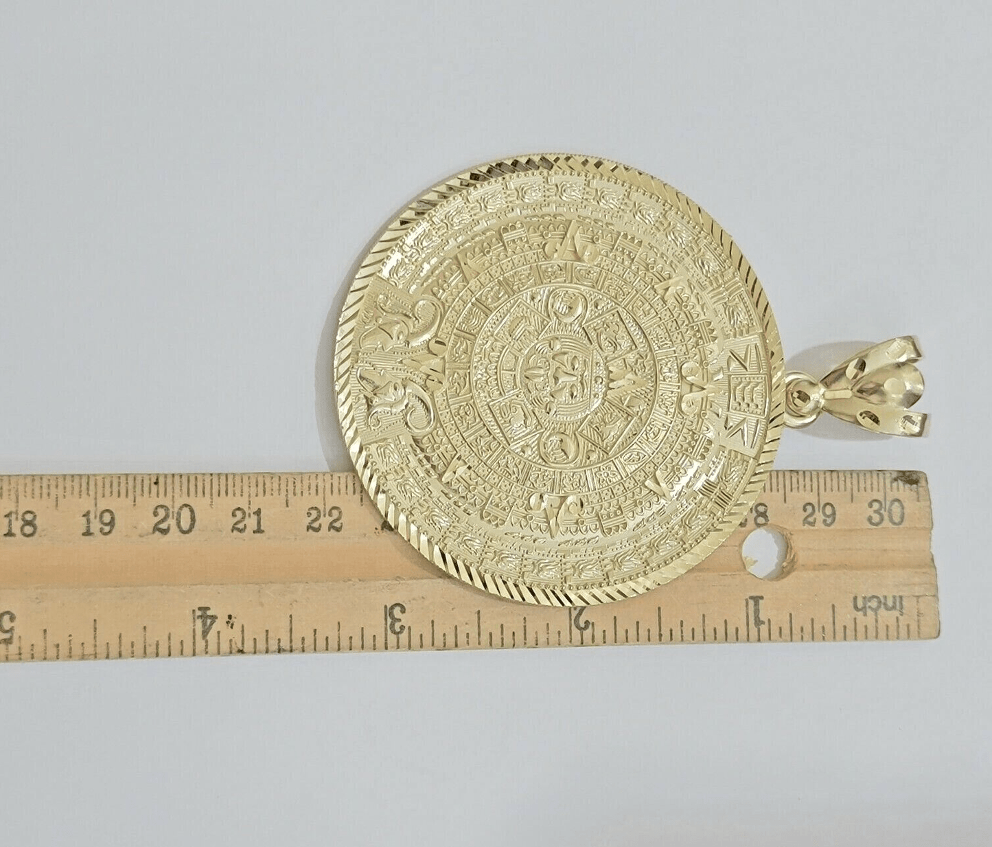 SOLID Real 14kt Yellow Gold Pendant Aztec Mayan Calendar 3.2" Men's Round Charm - Reva Jeweler
