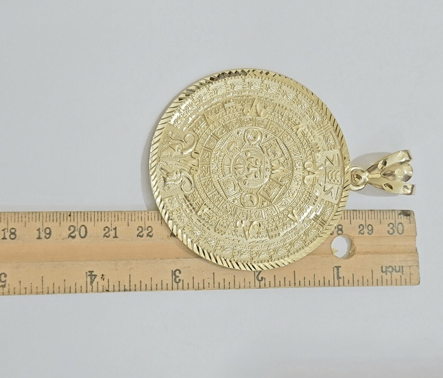 SOLID Real 14kt Yellow Gold Pendant Aztec Mayan Calendar 3.2" Men's Round Charm - Reva Jeweler