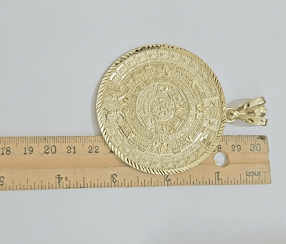 SOLID Real 14kt Yellow Gold Pendant Aztec Mayan Calendar 3.2" Men's Round Charm - Reva Jeweler
