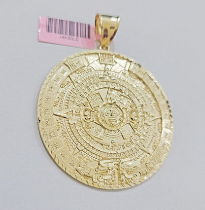 SOLID Real 14kt Yellow Gold Pendant Aztec Mayan Calendar 3.2" Men's Round Charm - Reva Jeweler