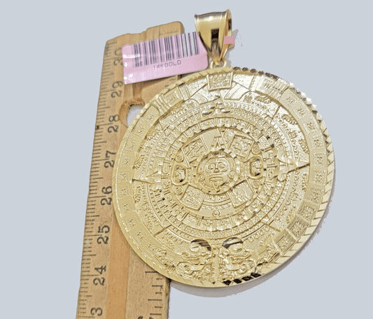 SOLID Real 14kt Yellow Gold Pendant Aztec Mayan Calendar 3.2" Men's Round Charm - Reva Jeweler
