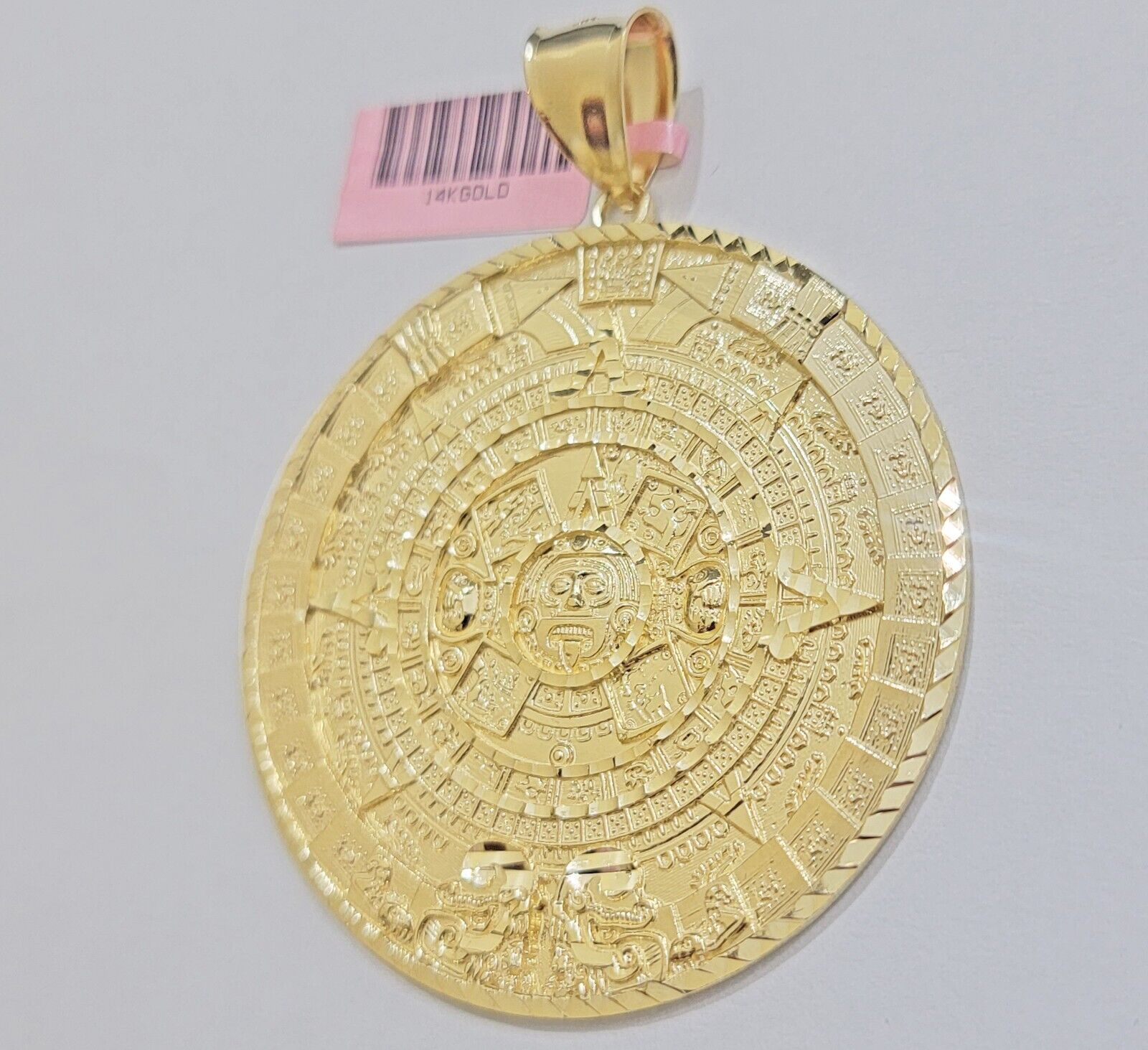 SOLID Real 14kt Yellow Gold Pendant Aztec Mayan Calendar 3.2" Men's Round Charm - Reva Jeweler