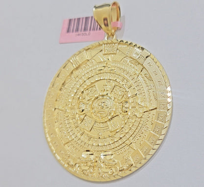 SOLID Real 14kt Yellow Gold Pendant Aztec Mayan Calendar 3.2" Men's Round Charm - Reva Jeweler