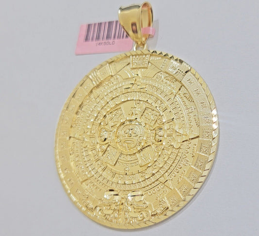 SOLID Real 14kt Yellow Gold Pendant Aztec Mayan Calendar 3.2" Men's Round Charm - Reva Jeweler