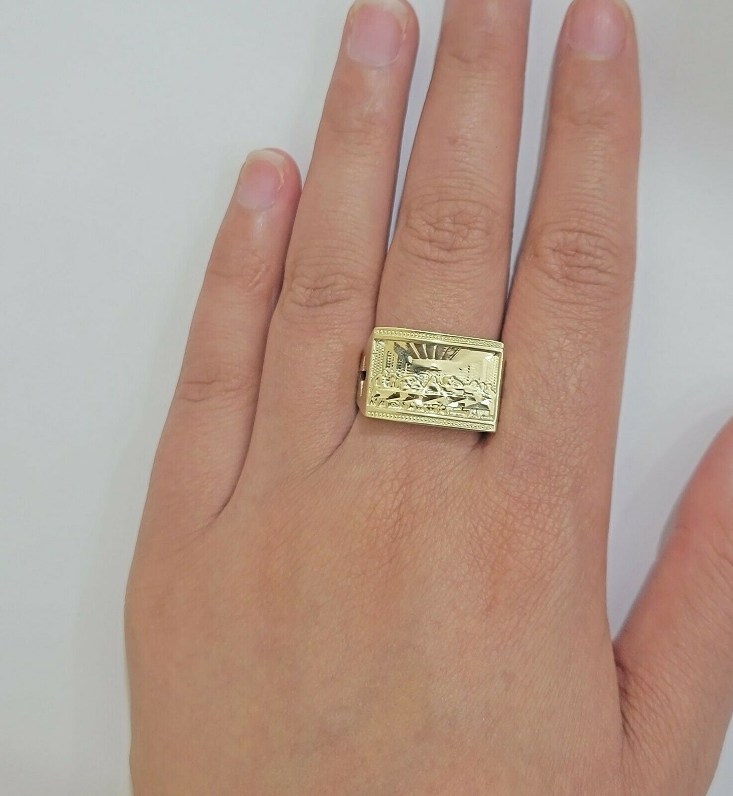 Solid Real Gold Men's Ring Last Supper 10k Yellow Gold Casual,Pinky, Square,10kt - Reva Jeweler