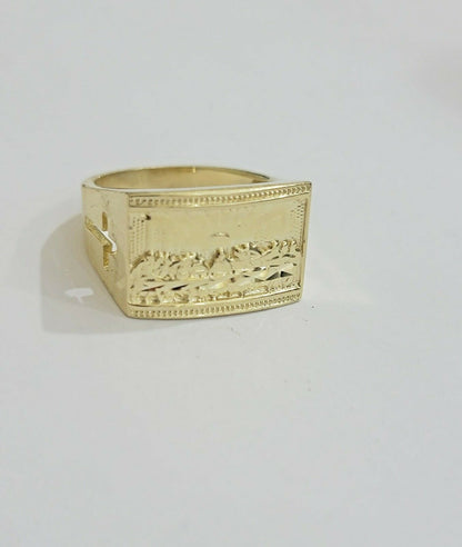 Solid Real Gold Men's Ring Last Supper 10k Yellow Gold Casual,Pinky, Square,10kt - Reva Jeweler