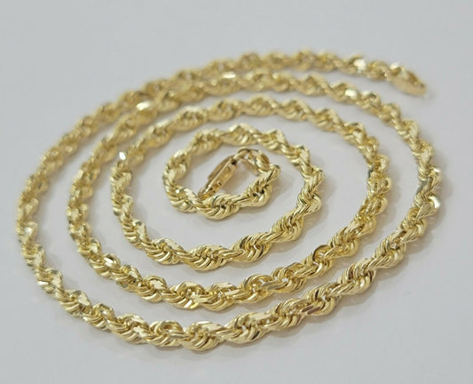 Solid REAL10k Gold Rope Chain 4mm 18" - 30" Necklace 10kt Yellow Gold Diamond Cut - Reva Jeweler